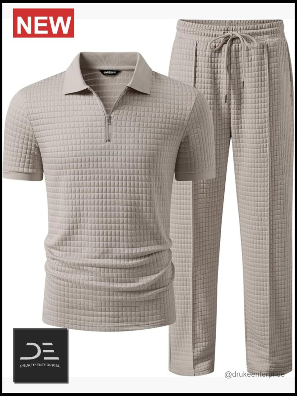 Men's 2 Piece Short Set Waffle 1/4 Zip Polo Shirt and Elastic Waist Pants